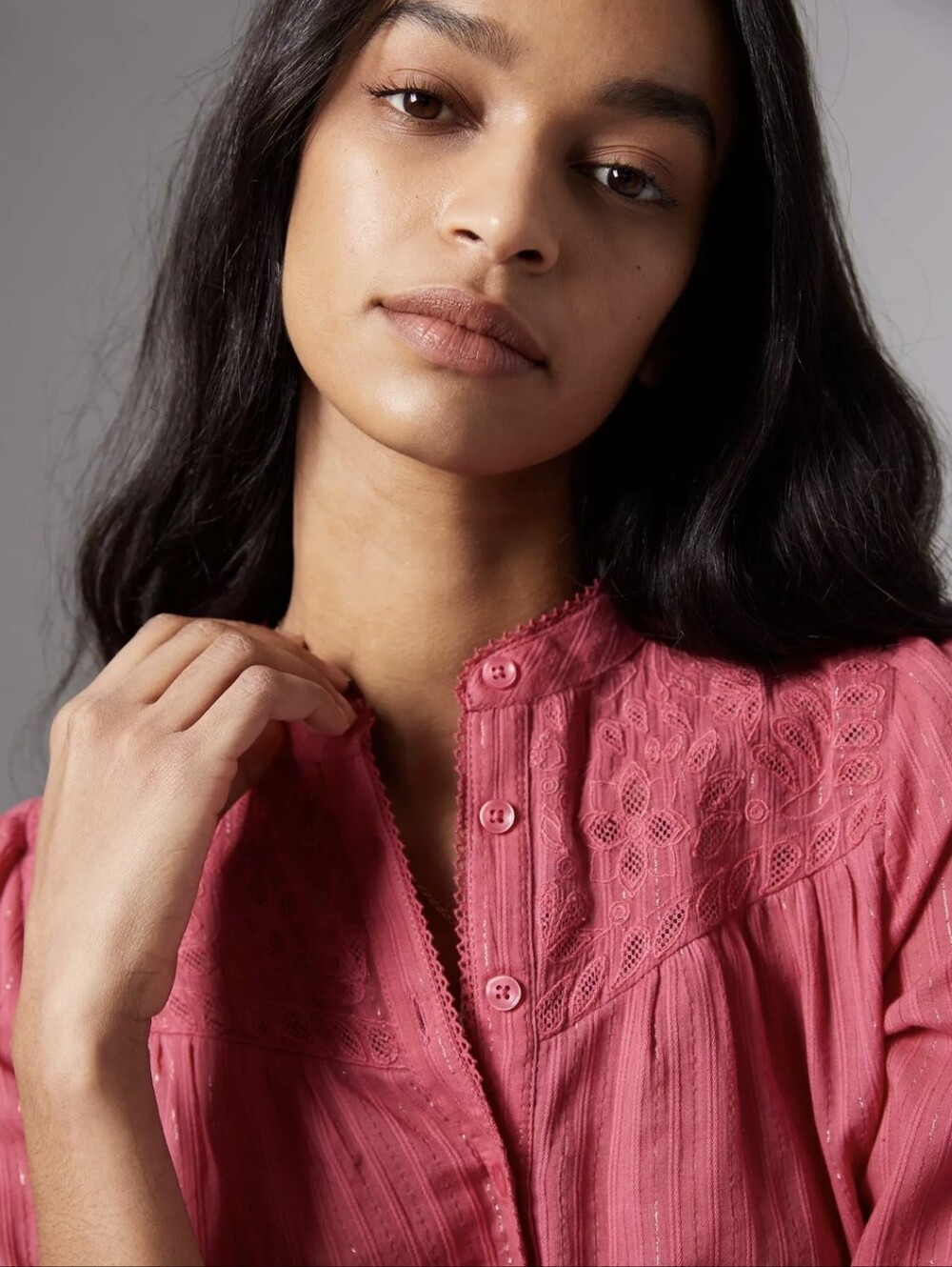 Anthropologie Pilcro The Victoria Lace Button Down Blouse Pink Metallic Sz 14 - Picture 2 of 14
